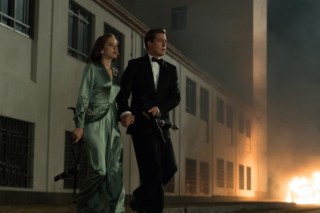 Marion Cotillard plays Marianne Beausejour and Brad Pitt plays Max Vatan in Allied from Paramount Pictures.